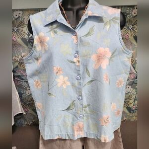 Pink and Blue Sleeveless Button Down with Notched Collar 100% Cotton